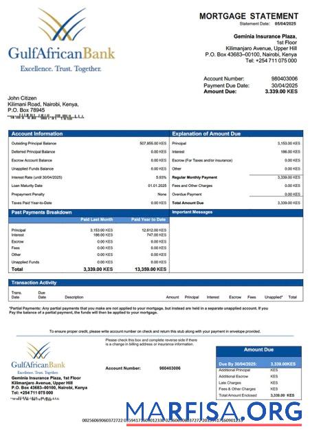 Printable Kenya Gulf African Bank mortgage statement Word and PDF template